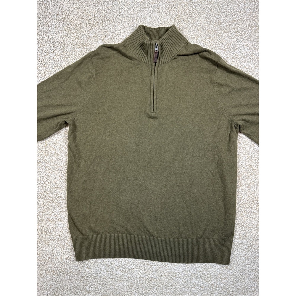 Eddie Bauer Sweater Mens Large Olive Green Quarter Zip Cotton Cashmere Pullover